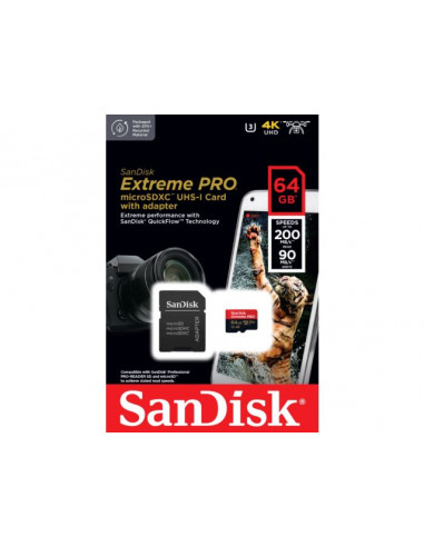 CARTE MEMOIRE MicroSDXC SANDISK Extreme PRO 64GB 200/90 mb/s - A2 - V30 + AD