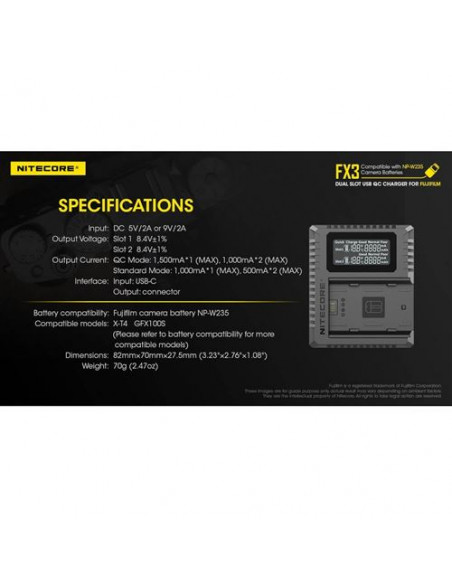 Chargeur Nitecore de batterie FX3 Pro Double pour Fujifilm NP-W235
