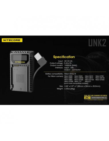 Chargeur Nitecore de batterie UNK2 DOUBLE POUR Nikon EN-EL15 + USB