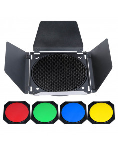 Volets coupe-flux noir mat + 4 filtres colorés + nid d?abeille GODOX p/ réflecteur Ø 18cm BD-04